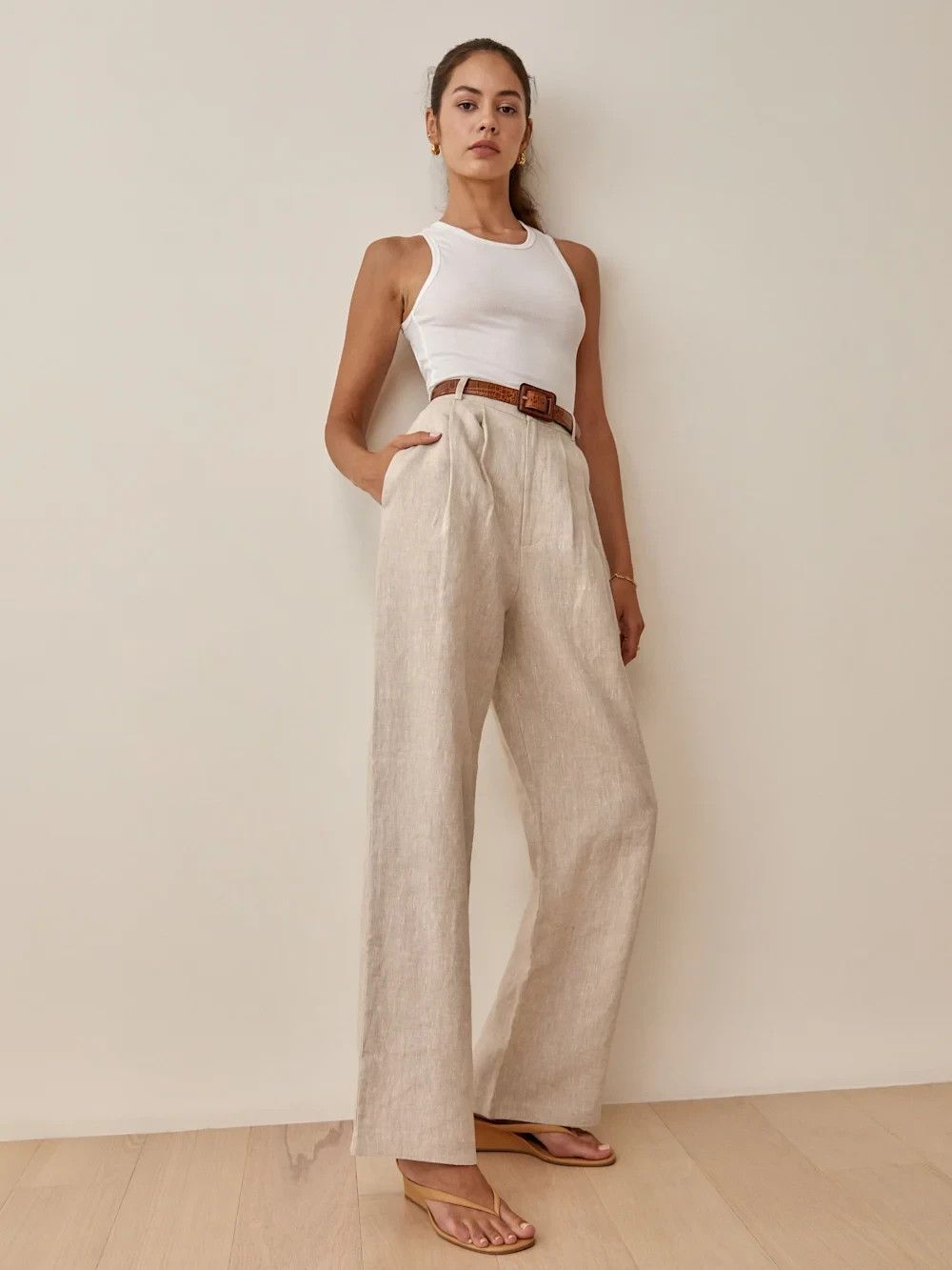 NWT REFORMATION Oatmeal Vesta Linen Pleated High Rise Pant Beachy Coastal SIZE 2
